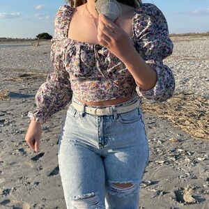 shirred floral long sleeve crop top